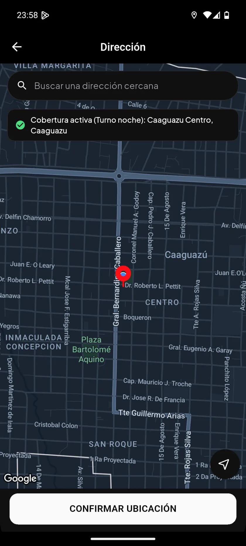 Selección de dirección en el mapa mostrando la cobertura activa de la zona
