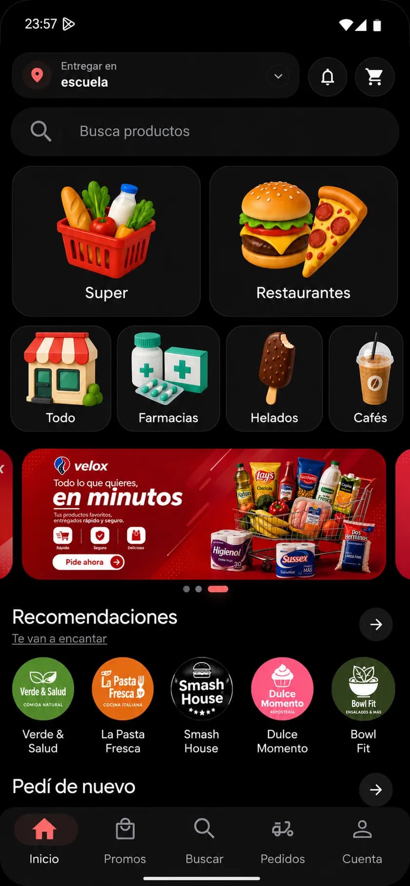 Pantalla de seguimiento de un pedido en la app de velox: mapa, horario estimado de entrega y acceso al chat