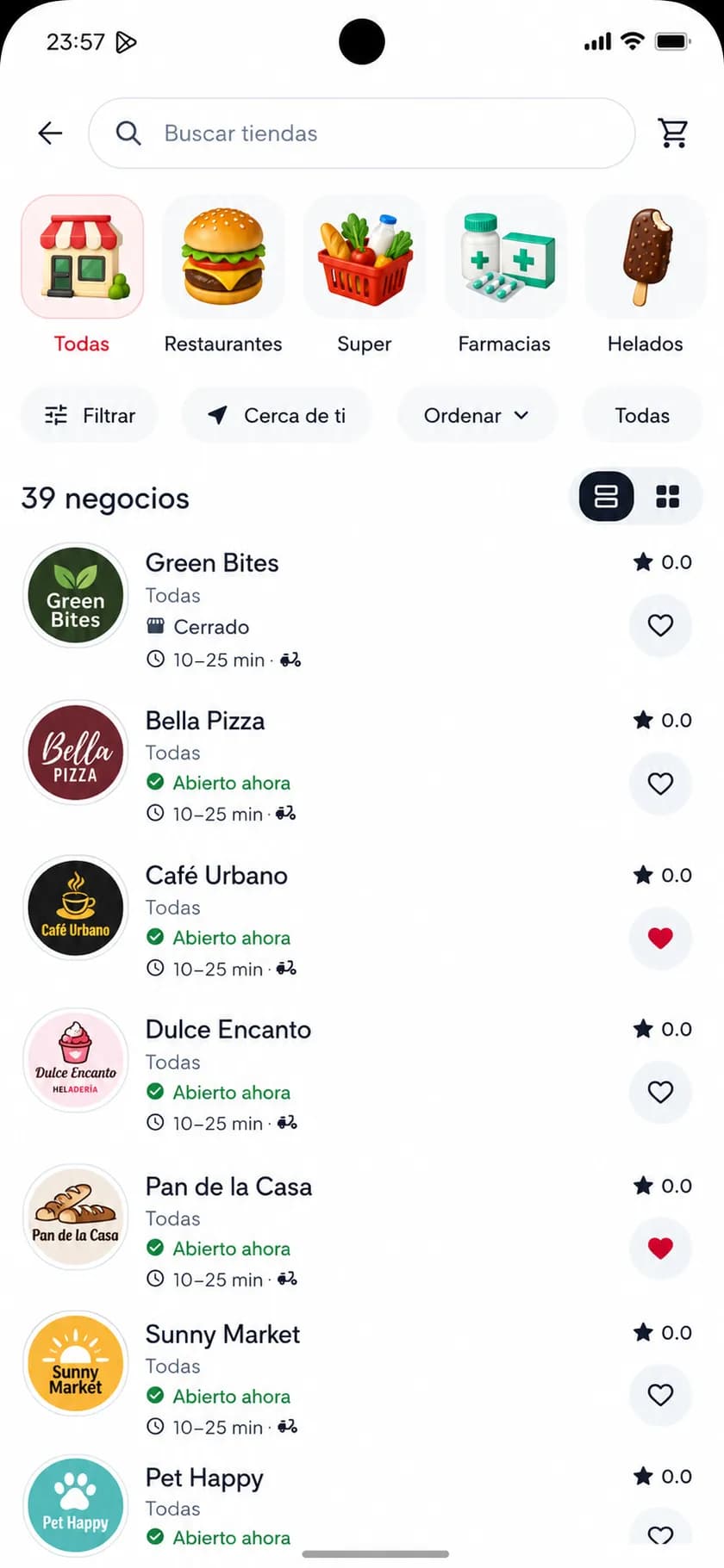 Listado de comercios en la app de velox, con estado abierto y tiempo estimado de entrega