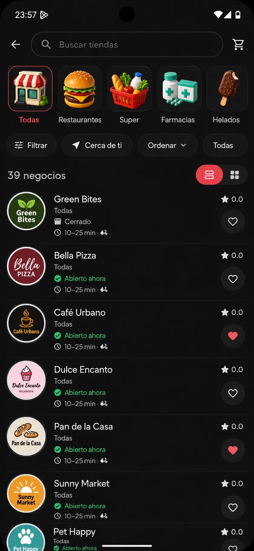 Listado de comercios en la app de velox, con estado abierto y tiempo estimado de entrega